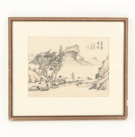 Tavla - Sidenmålning - Akvarell - Landskap från Kina 