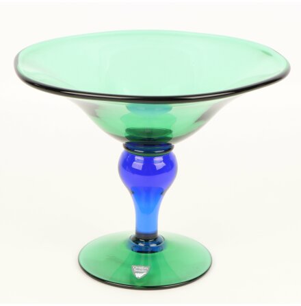 Orrefors - Erika Lagerbielke - Grön glasskål på fot med blå och grön fot
