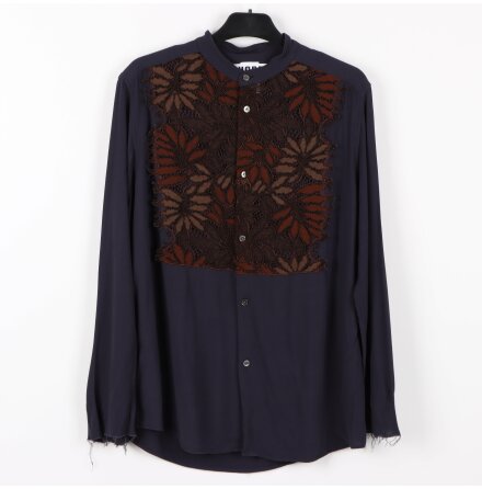 Hope - Changes - Mörkblå/Gyllenbrun spetsskjorta med mandarinkrage - stl. 36
