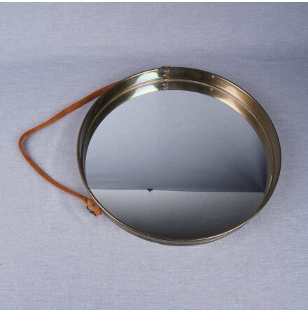 Bror Moje - Spegel med mssing karm och lder hngare - Diameter: 38cm