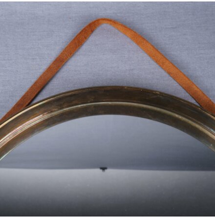 Bror Moje - Spegel med mssing karm och lder hngare - Diameter: 38cm